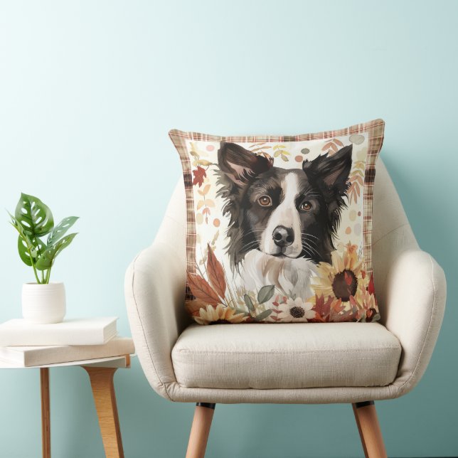 Border Collie Hond Herfst Aquarel Bloemen Kussen (Stoel)
