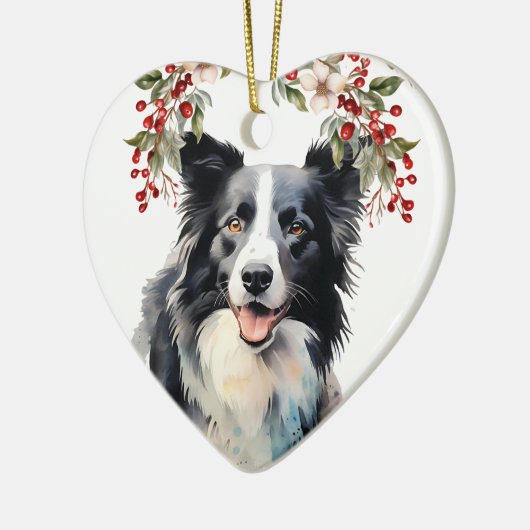 Border Collie hond Holly Berry Kerstmis Keramisch Ornament (Links)
