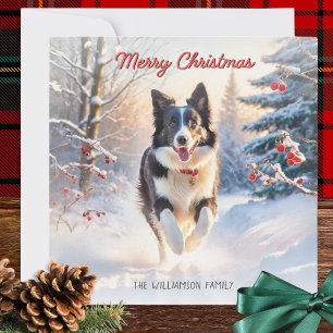Border Collie-hond in de sneeuw Prettig kerstfeest Feestdagenkaart