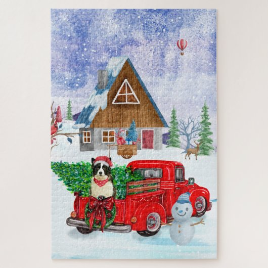 Border Collie hond in Kerstbezorgingswagen Sneeuw Legpuzzel (Verticaal)