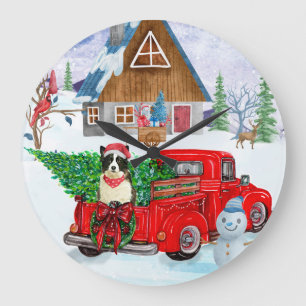Border Collie hond in Kerstbezorgwagen Sneeuw Grote Klok