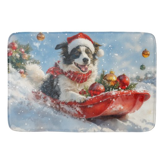 Border Collie Hond in Sledge Laat het Sneeuw Kerst Badmat (Voorkant)