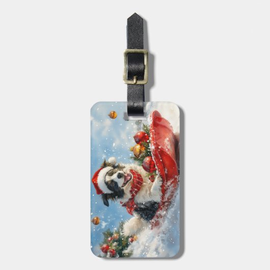 Border Collie Hond in Sledge Laat het Sneeuw Kerst Bagagelabel (Voorkant verticaal)