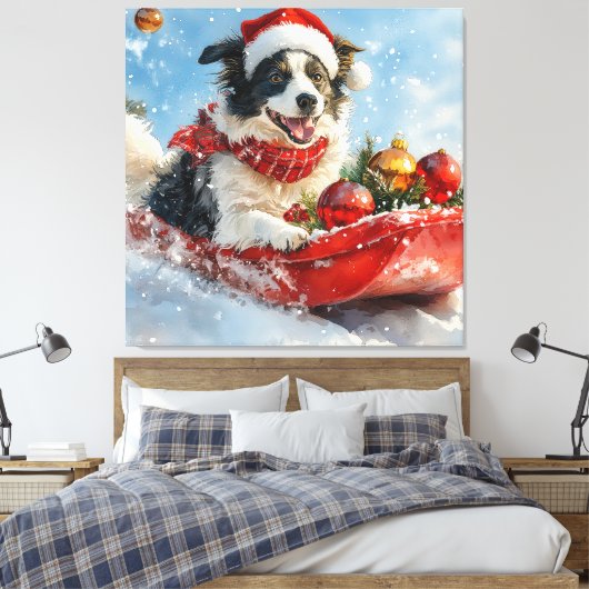Border Collie Hond in Sledge Laat het Sneeuw Kerst Canvas Afdruk (Insitu (Slaapkamer))