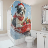 Border Collie Hond in Sledge Laat het Sneeuw Kerst Douchegordijn (In situ)