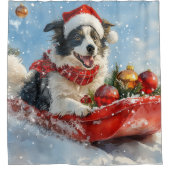 Border Collie Hond in Sledge Laat het Sneeuw Kerst Douchegordijn (Voorkant)