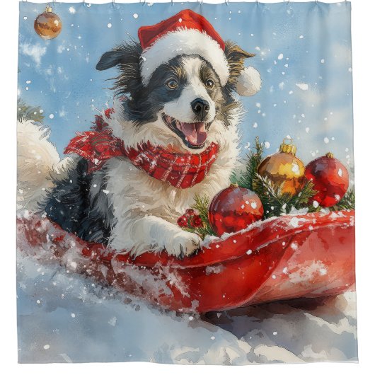 Border Collie Hond in Sledge Laat het Sneeuw Kerst Douchegordijn (Voorkant)