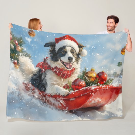 Border Collie Hond in Sledge Laat het Sneeuw Kerst Fleece Deken (In situ)