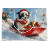 Border Collie Hond in Sledge Laat het Sneeuw Kerst Groot Cadeauzakje (Voorkant)