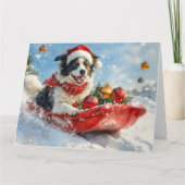 Border Collie Hond in Sledge Laat het Sneeuw Kerst Kaart (Voorkant)