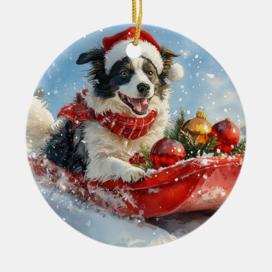 Border Collie Hond in Sledge Laat het Sneeuw Kerst Keramisch Ornament (Voorkant)