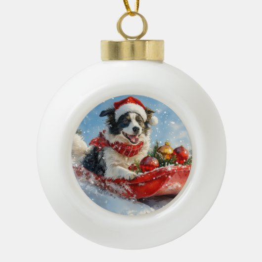 Border Collie Hond in Sledge Laat het Sneeuw Kerst Keramische Bal Ornament (Voorkant)
