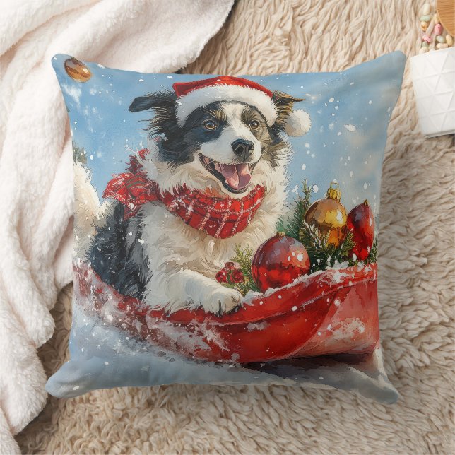 Border Collie Hond in Sledge Laat het Sneeuw Kerst Kussen (Deken)
