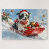 Border Collie Hond in Sledge Laat het Sneeuw Kerst Legpuzzel (Horizontaal)