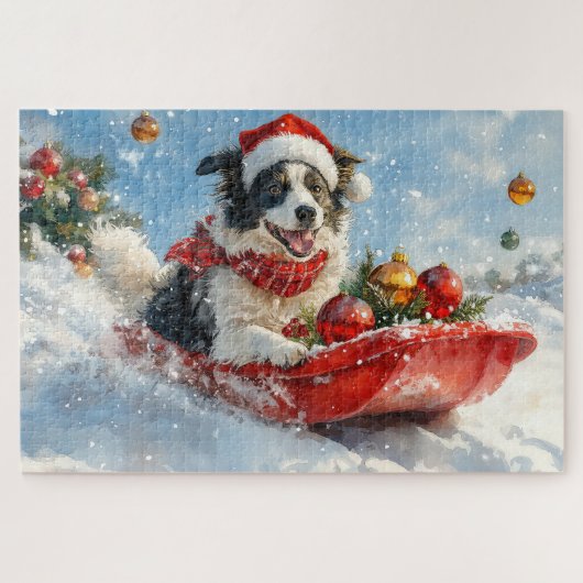 Border Collie Hond in Sledge Laat het Sneeuw Kerst Legpuzzel (Horizontaal)