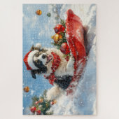 Border Collie Hond in Sledge Laat het Sneeuw Kerst Legpuzzel (Verticaal)