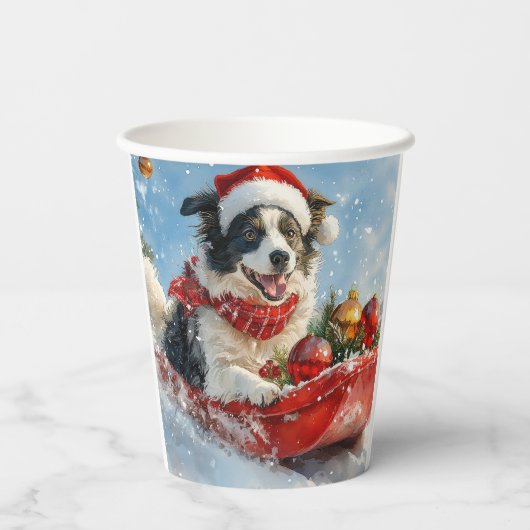 Border Collie Hond in Sledge Laat het Sneeuw Kerst Papieren Bekers (Achterkant)