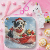 Border Collie Hond in Sledge Laat het Sneeuw Kerst Papieren Bordje (Feest)