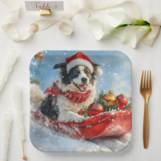 Border Collie Hond in Sledge Laat het Sneeuw Kerst Papieren Bordje (Huwelijk)
