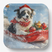 Border Collie Hond in Sledge Laat het Sneeuw Kerst Papieren Bordje (Voorkant)