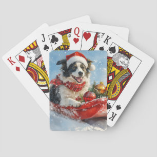 Border Collie Hond in Sledge Laat het Sneeuw Kerst Pokerkaarten