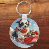 Border Collie Hond in Sledge Laat het Sneeuw Kerst Sleutelhanger (Voorkant)