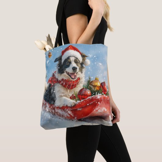 Border Collie Hond in Sledge Laat het Sneeuw Kerst Tote Bag (Dichtbij)