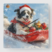 Border Collie Hond in Sledge Laat het Sneeuw Kerst Vierkante Klok (Voorkant)