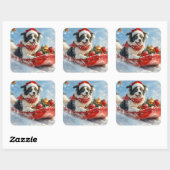 Border Collie Hond in Sledge Laat het Sneeuw Kerst Vierkante Sticker (Vel)