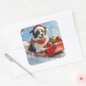 Border Collie Hond in Sledge Laat het Sneeuw Kerst Vierkante Sticker (Envelop)