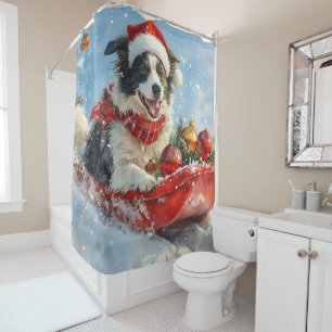 Border Collie hond in slee Laat het sneeuwen Kerst Douchegordijn