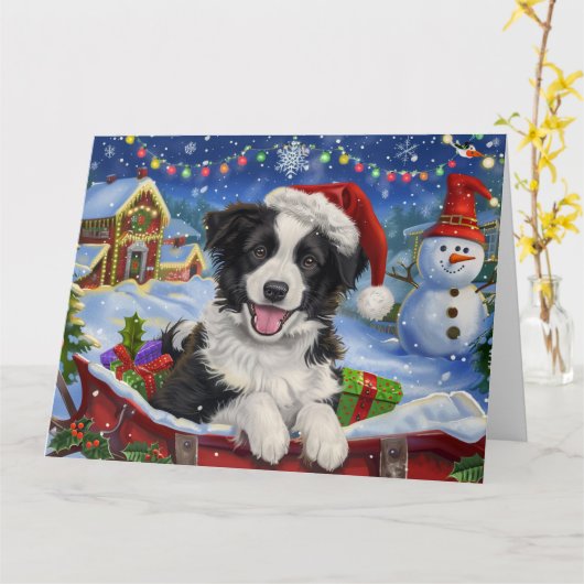 Border Collie Hond in Sleigh Sneeuw Kerstmis Kaart (Gele Bloem)