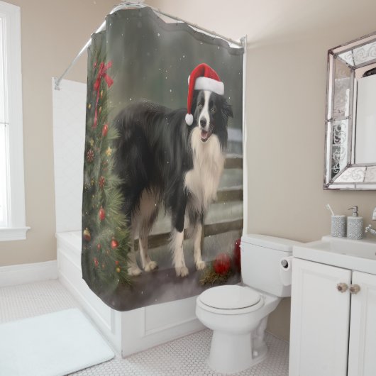 Border Collie Hond in Sneeuw Kerstmis Douchegordijn (In situ)