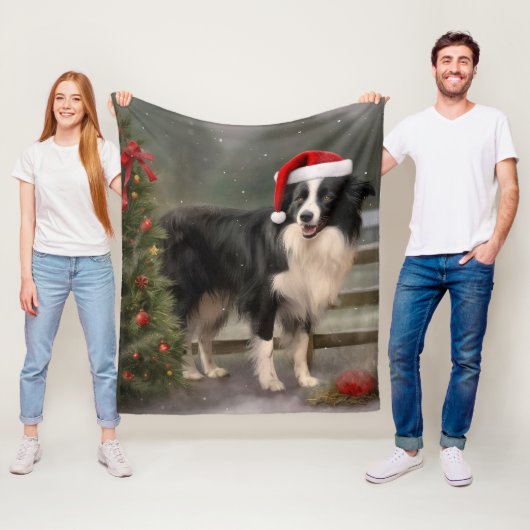 Border Collie Hond in Sneeuw Kerstmis Fleece Deken (In situ)