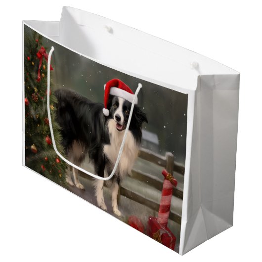 Border Collie Hond in Sneeuw Kerstmis Groot Cadeauzakje (Voorkant Gekanteld)