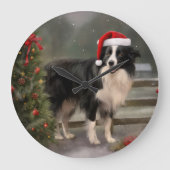 Border Collie Hond in Sneeuw Kerstmis Grote Klok (Voorkant)