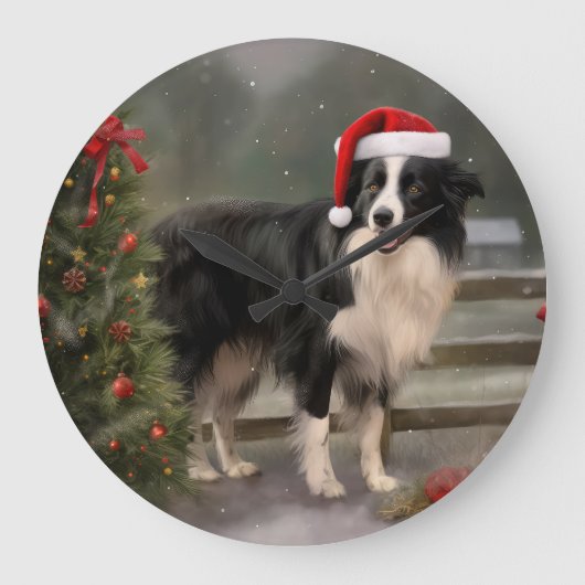 Border Collie Hond in Sneeuw Kerstmis Grote Klok (Voorkant)