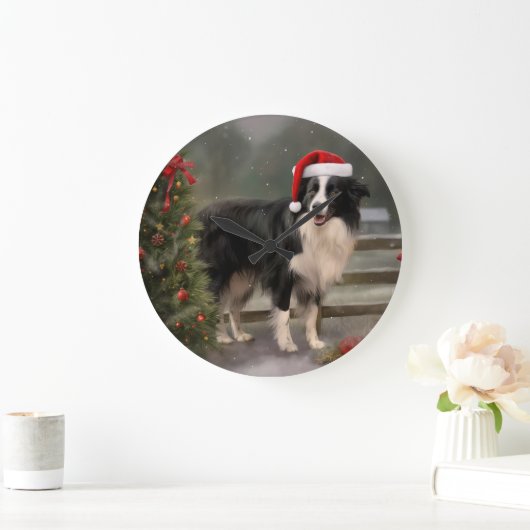 Border Collie Hond in Sneeuw Kerstmis Grote Klok (Huis)