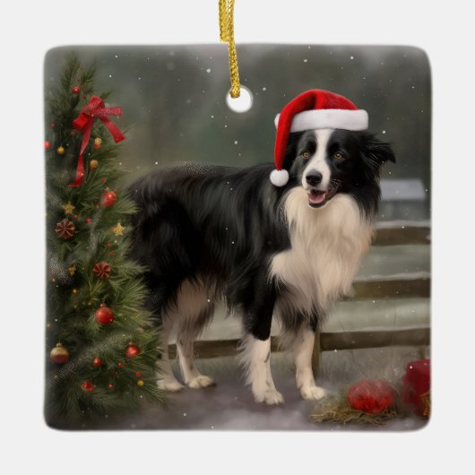 Border Collie Hond in Sneeuw Kerstmis Keramisch Ornament (Voorkant)