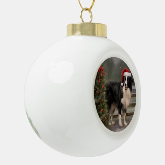 Border Collie Hond in Sneeuw Kerstmis Keramische Bal Ornament (Links)