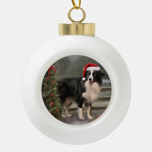 Border Collie Hond in Sneeuw Kerstmis Keramische Bal Ornament (Voorkant)