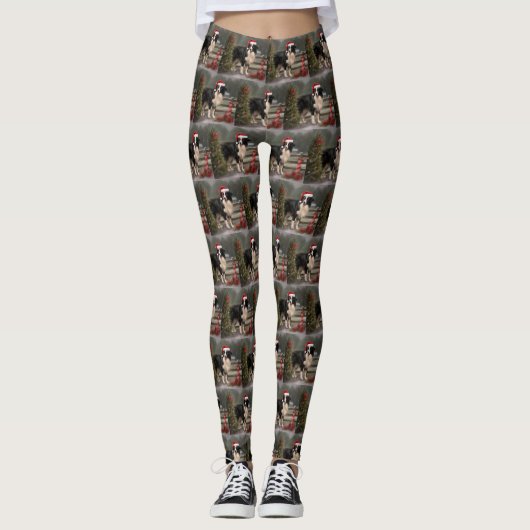 Border Collie Hond in Sneeuw Kerstmis Leggings (Voorkant)