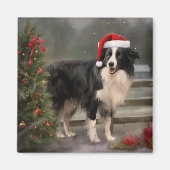 Border Collie Hond in Sneeuw Kerstmis Magneet (Voorkant)