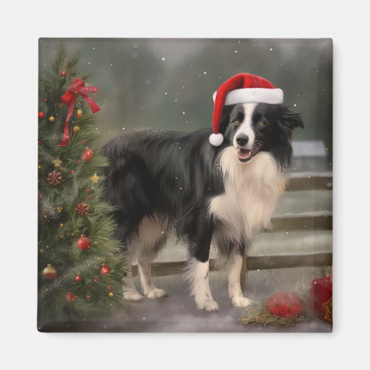Border Collie Hond in Sneeuw Kerstmis Magneet (Voorkant)