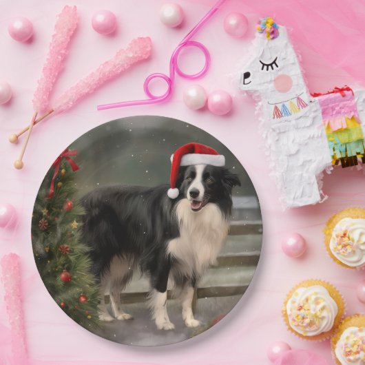 Border Collie Hond in Sneeuw Kerstmis Papieren Bordje (Feest)