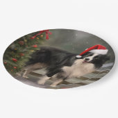 Border Collie Hond in Sneeuw Kerstmis Papieren Bordje (Gekanteld)