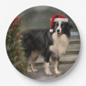 Border Collie Hond in Sneeuw Kerstmis Papieren Bordje (Voorkant)