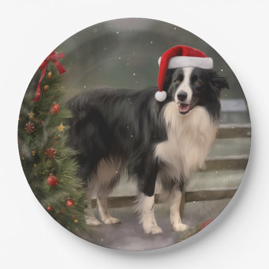 Border Collie Hond in Sneeuw Kerstmis Papieren Bordje (Voorkant)