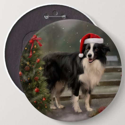 Border Collie Hond in Sneeuw Kerstmis Ronde Button 6,0 Cm (Voorkant /achterkant)
