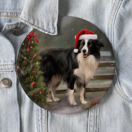 Border Collie Hond in Sneeuw Kerstmis Ronde Button 6,0 Cm (In situ)